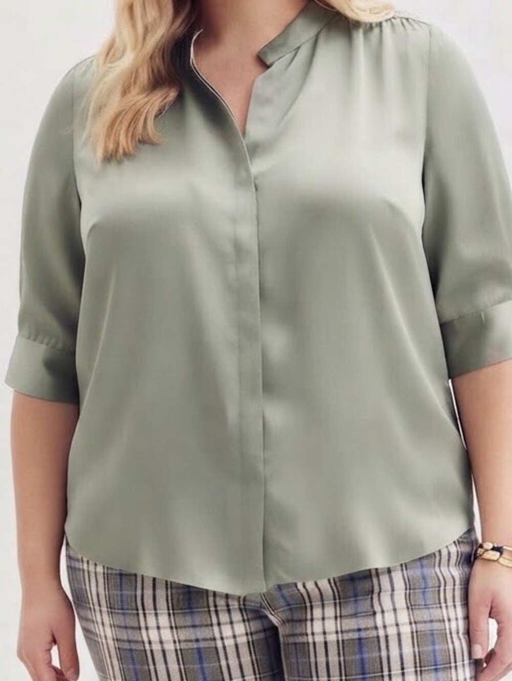 Nine West Elbow Sleeve Button Down Silky Satin Shirt Blouse Ivory Plus Size 2X